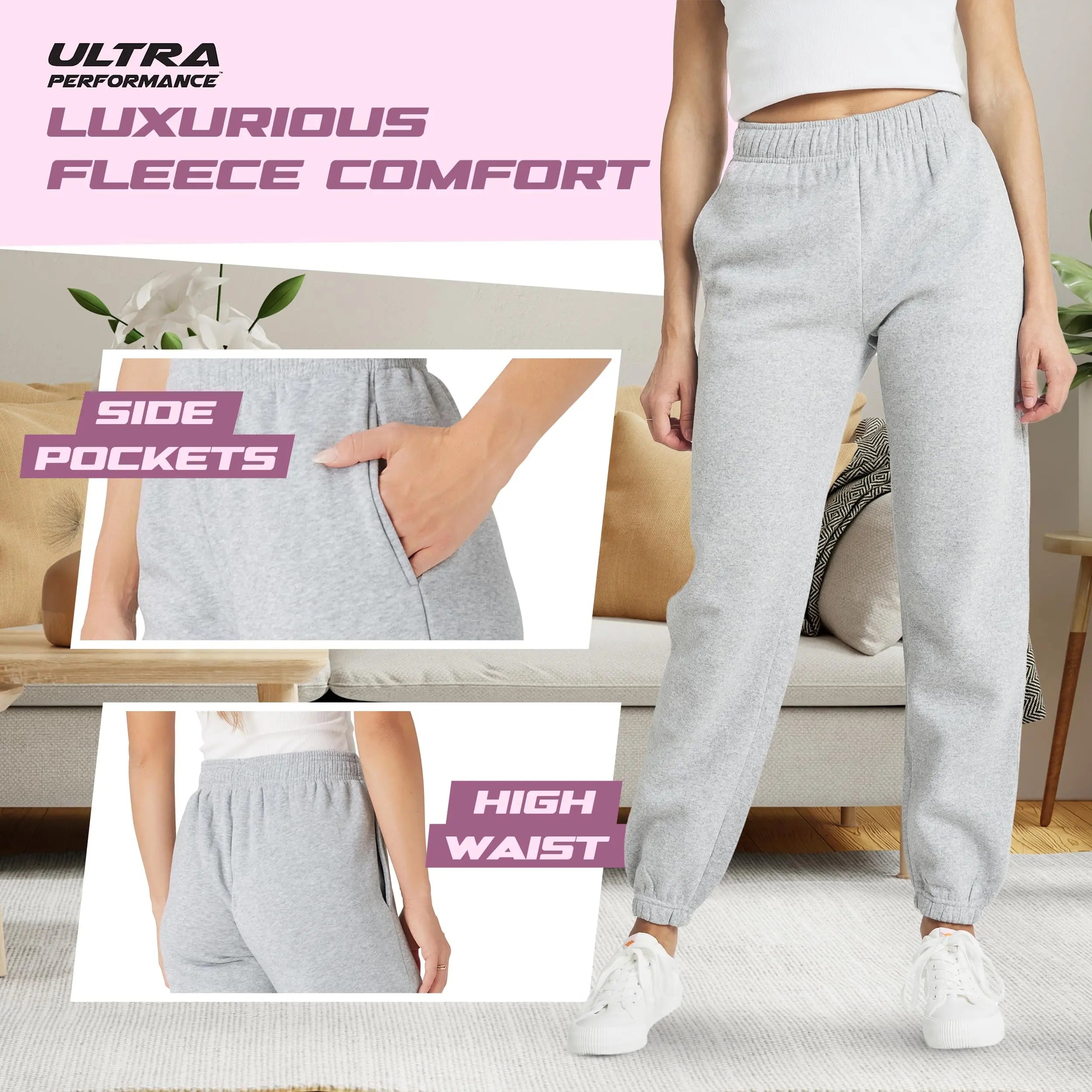 Ultra Performance Women'S 3 PK High Waisted Fleece Cinched Pant Soft Jogger Trousers All Seasons Streetwear Joggers