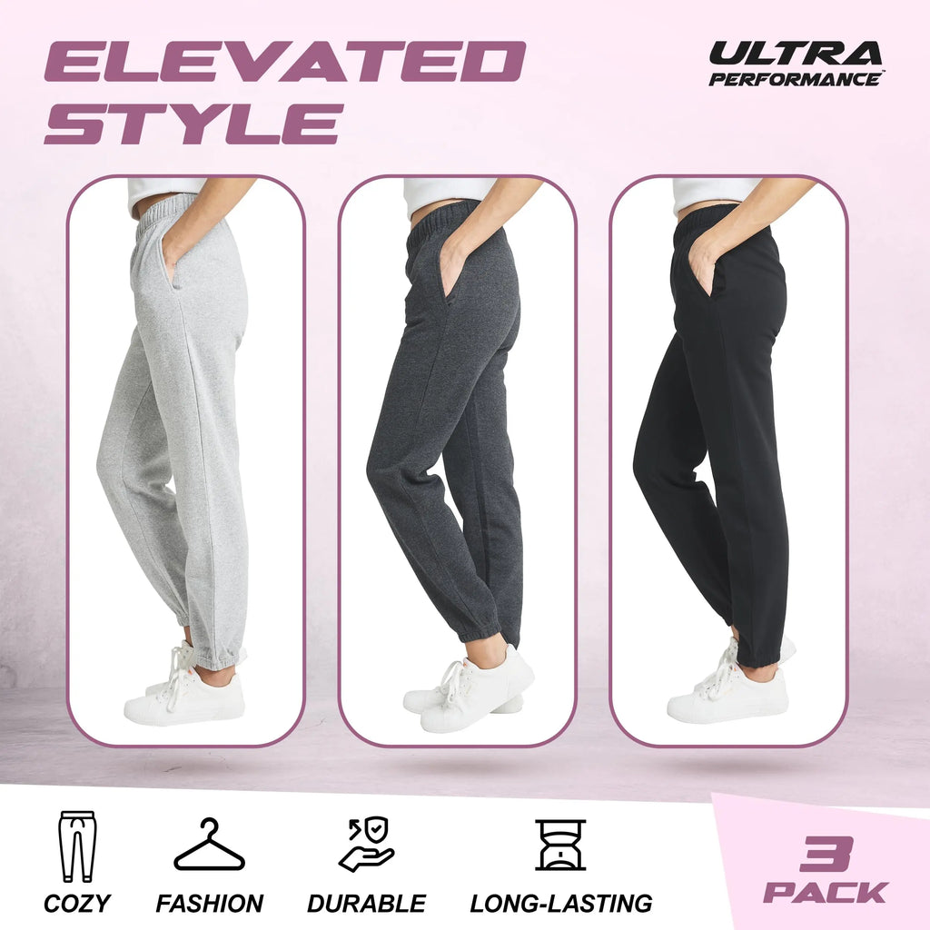 Ultra Performance Women'S 3 PK High Waisted Fleece Cinched Pant Soft Jogger Trousers All Seasons Streetwear Joggers