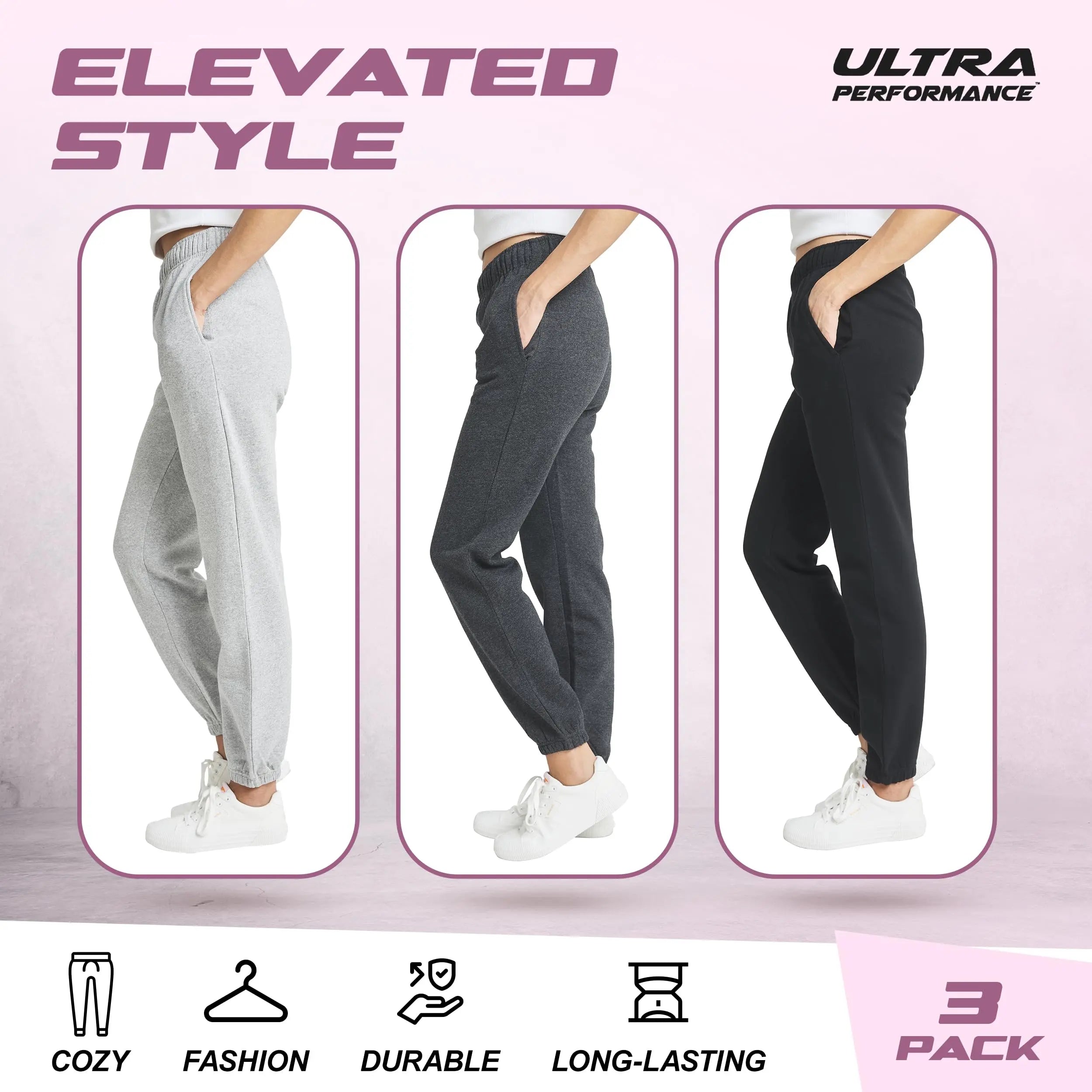 Ultra Performance Women'S 3 PK High Waisted Fleece Cinched Pant Soft Jogger Trousers All Seasons Streetwear Joggers
