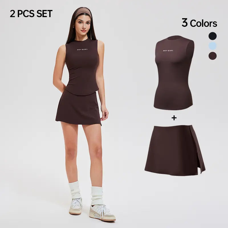 Women'S 2-Piece Athleisure Activewear Set - Slim-Fit round Neck Sleeveless Tank Top & Above-The-Knee Elastic Skirt, Sporty Chic Breathable Fabric Women'S Clothes for Spring Casual Workout Golf, Golf Sports, Workout Wear, Elastic Waist, above Knee, Womens,